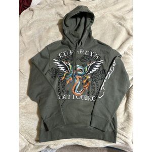 Ed Hardy Hoodie Mens Small Green Dragon Tiger Fleece Pullover Sweater Y2K NWT